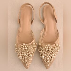 NEW Cream/Tan Pearl Beaded Lace Faux Leather Pointed-Toe Back Strap Flats, Sz 10